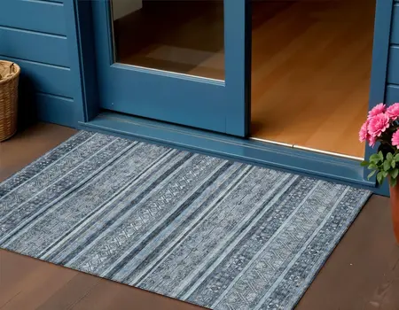 3' X 5' Blue And Gray Oriental Washable Indoor Outdoor Area Rug