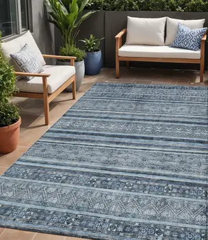 5' X 8' Blue And Gray Oriental Washable Indoor Outdoor Area Rug