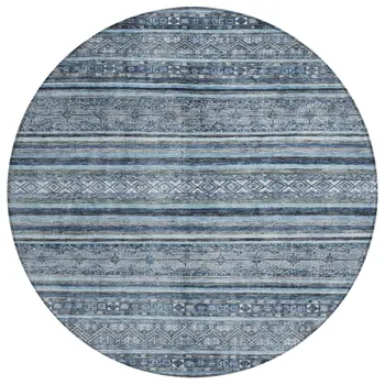 8' Blue And Gray Round Oriental Washable Indoor Outdoor Area Rug