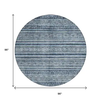 8' Blue And Gray Round Oriental Washable Indoor Outdoor Area Rug
