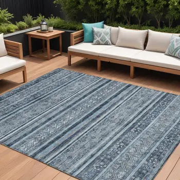 8' X 10' Blue And Gray Oriental Washable Indoor Outdoor Area Rug