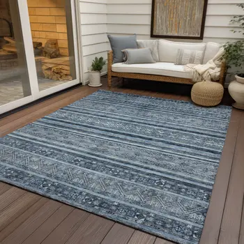 8' X 10' Blue And Gray Oriental Washable Indoor Outdoor Area Rug