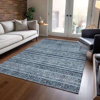 8' X 10' Blue And Gray Oriental Washable Indoor Outdoor Area Rug