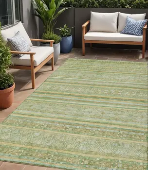 5' X 8' Green And Gold Oriental Washable Indoor Outdoor Area Rug