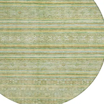8' Green And Gold Round Oriental Washable Indoor Outdoor Area Rug