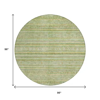 8' Green And Gold Round Oriental Washable Indoor Outdoor Area Rug