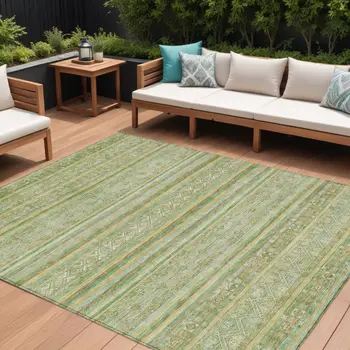 8' X 10' Green And Gold Oriental Washable Indoor Outdoor Area Rug