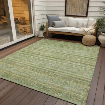 8' X 10' Green And Gold Oriental Washable Indoor Outdoor Area Rug