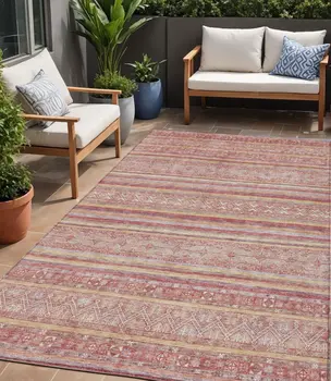 5' X 8' Rust And Coral Oriental Washable Indoor Outdoor Area Rug
