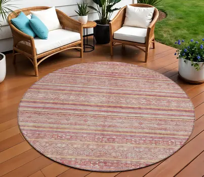 8' Rust And Coral Round Oriental Washable Indoor Outdoor Area Rug