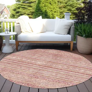 8' Rust And Coral Round Oriental Washable Indoor Outdoor Area Rug