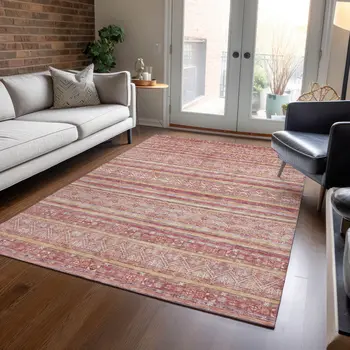 10' X 14' Rust And Coral Oriental Washable Indoor Outdoor Area Rug