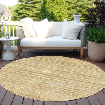 8' Wheat And Beige Round Oriental Washable Indoor Outdoor Area Rug