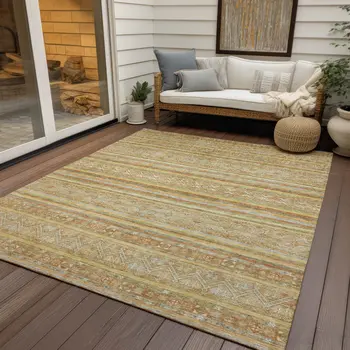9' X 12' Wheat And Beige Oriental Washable Indoor Outdoor Area Rug