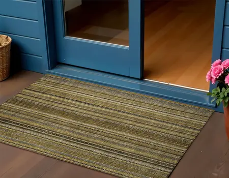 3' X 5' Brown Beige And Gold Striped Washable Indoor Outdoor Area Rug