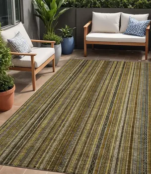 5' X 8' Brown Beige And Gold Striped Washable Indoor Outdoor Area Rug