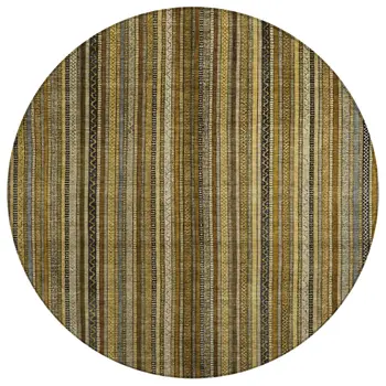 8' Brown Beige And Gold Round Striped Washable Indoor Outdoor Area Rug