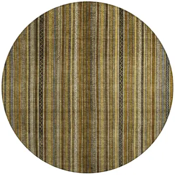 8' Brown Beige And Gold Round Striped Washable Indoor Outdoor Area Rug