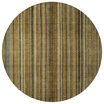 8' Brown Beige And Gold Round Striped Washable Indoor Outdoor Area Rug
