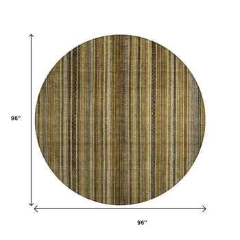 8' Brown Beige And Gold Round Striped Washable Indoor Outdoor Area Rug