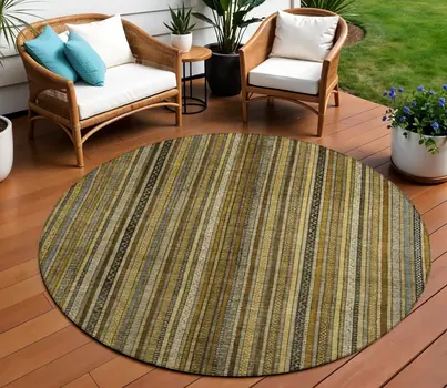 8' Brown Beige And Gold Round Striped Washable Indoor Outdoor Area Rug