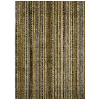 8' X 10' Brown Beige And Gold Striped Washable Indoor Outdoor Area Rug