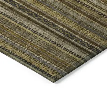 8' X 10' Brown Beige And Gold Striped Washable Indoor Outdoor Area Rug