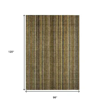 8' X 10' Brown Beige And Gold Striped Washable Indoor Outdoor Area Rug