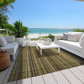 9' X 12' Brown Beige And Gold Striped Washable Indoor Outdoor Area Rug