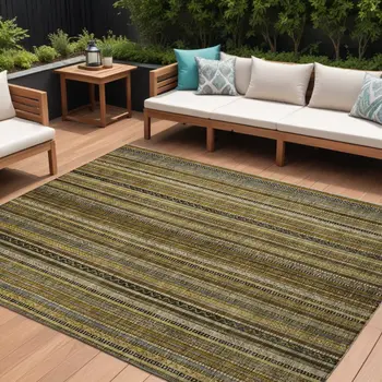 10' X 14' Brown Beige And Gold Striped Washable Indoor Outdoor Area Rug