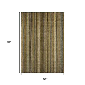 10' X 14' Brown Beige And Gold Striped Washable Indoor Outdoor Area Rug