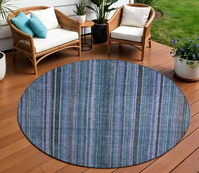 8' Blue Gray And Sky Blue Round Striped Washable Indoor Outdoor Area Rug