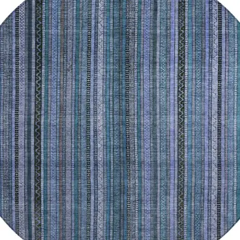 8' Blue Gray And Sky Blue Round Striped Washable Indoor Outdoor Area Rug