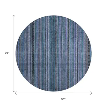 8' Blue Gray And Sky Blue Round Striped Washable Indoor Outdoor Area Rug