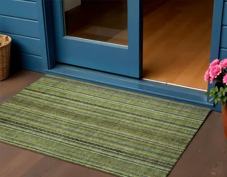 3' X 5' Green Gold And Gray Striped Washable Indoor Outdoor Area Rug