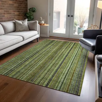 5' X 8' Green Gold And Gray Striped Washable Indoor Outdoor Area Rug