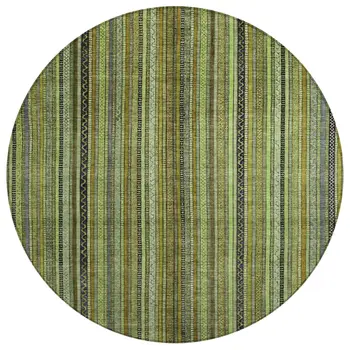 8' Green Gold And Gray Round Striped Washable Indoor Outdoor Area Rug