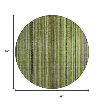 8' Green Gold And Gray Round Striped Washable Indoor Outdoor Area Rug