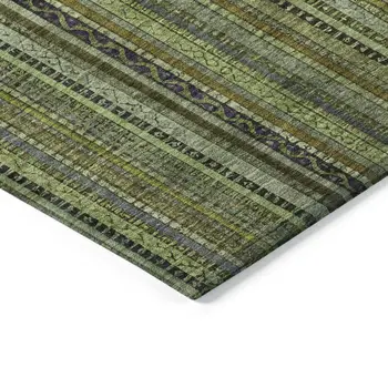 9' X 12' Green Gold And Gray Striped Washable Indoor Outdoor Area Rug