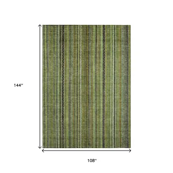 9' X 12' Green Gold And Gray Striped Washable Indoor Outdoor Area Rug