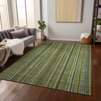 9' X 12' Green Gold And Gray Striped Washable Indoor Outdoor Area Rug
