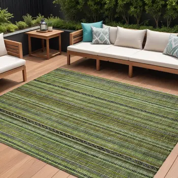 10' X 14' Green Gold And Gray Striped Washable Indoor Outdoor Area Rug