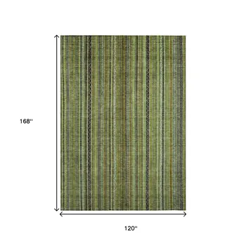 10' X 14' Green Gold And Gray Striped Washable Indoor Outdoor Area Rug
