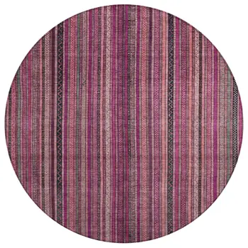8' Pink Mauve And Blush Round Striped Washable Indoor Outdoor Area Rug