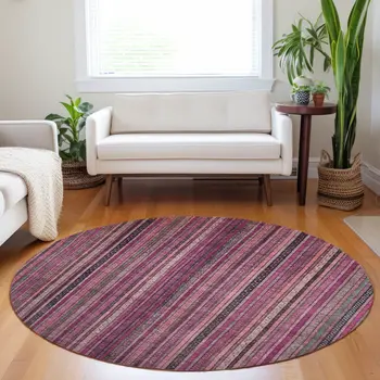 8' Pink Mauve And Blush Round Striped Washable Indoor Outdoor Area Rug