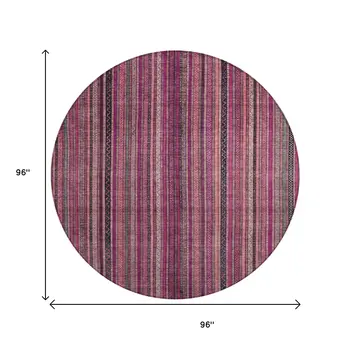 8' Pink Mauve And Blush Round Striped Washable Indoor Outdoor Area Rug