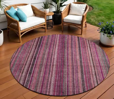 8' Pink Mauve And Blush Round Striped Washable Indoor Outdoor Area Rug