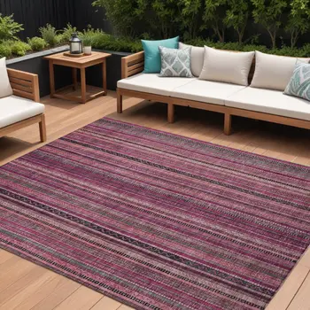 10' X 14' Pink Mauve And Blush Striped Washable Indoor Outdoor Area Rug