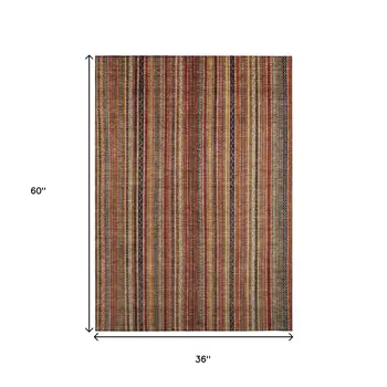 3' X 5' Rust Taupe And Gray Striped Washable Indoor Outdoor Area Rug