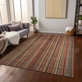 3' X 5' Rust Taupe And Gray Striped Washable Indoor Outdoor Area Rug
